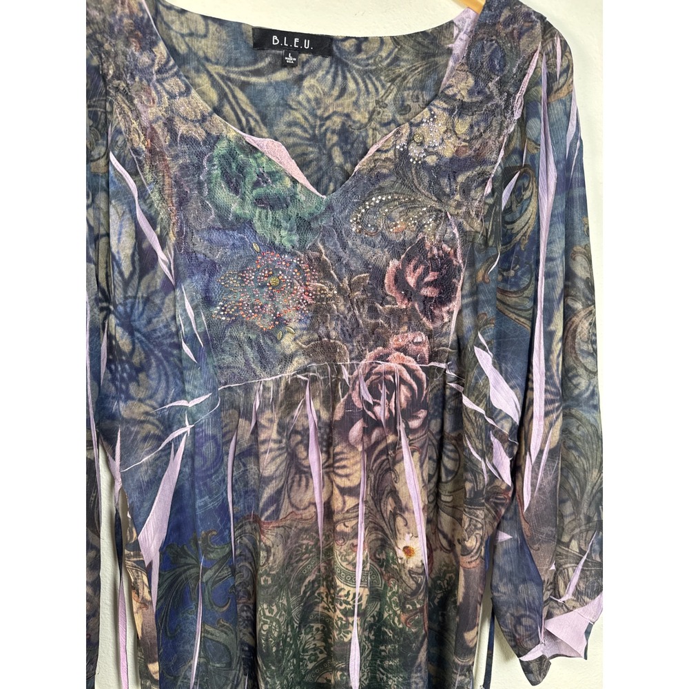 B.L.E.U. Womens L Y2K Sheer Boho Floral Paisley Rhinestone‎ Tunic Top - Picture 2 of 6
